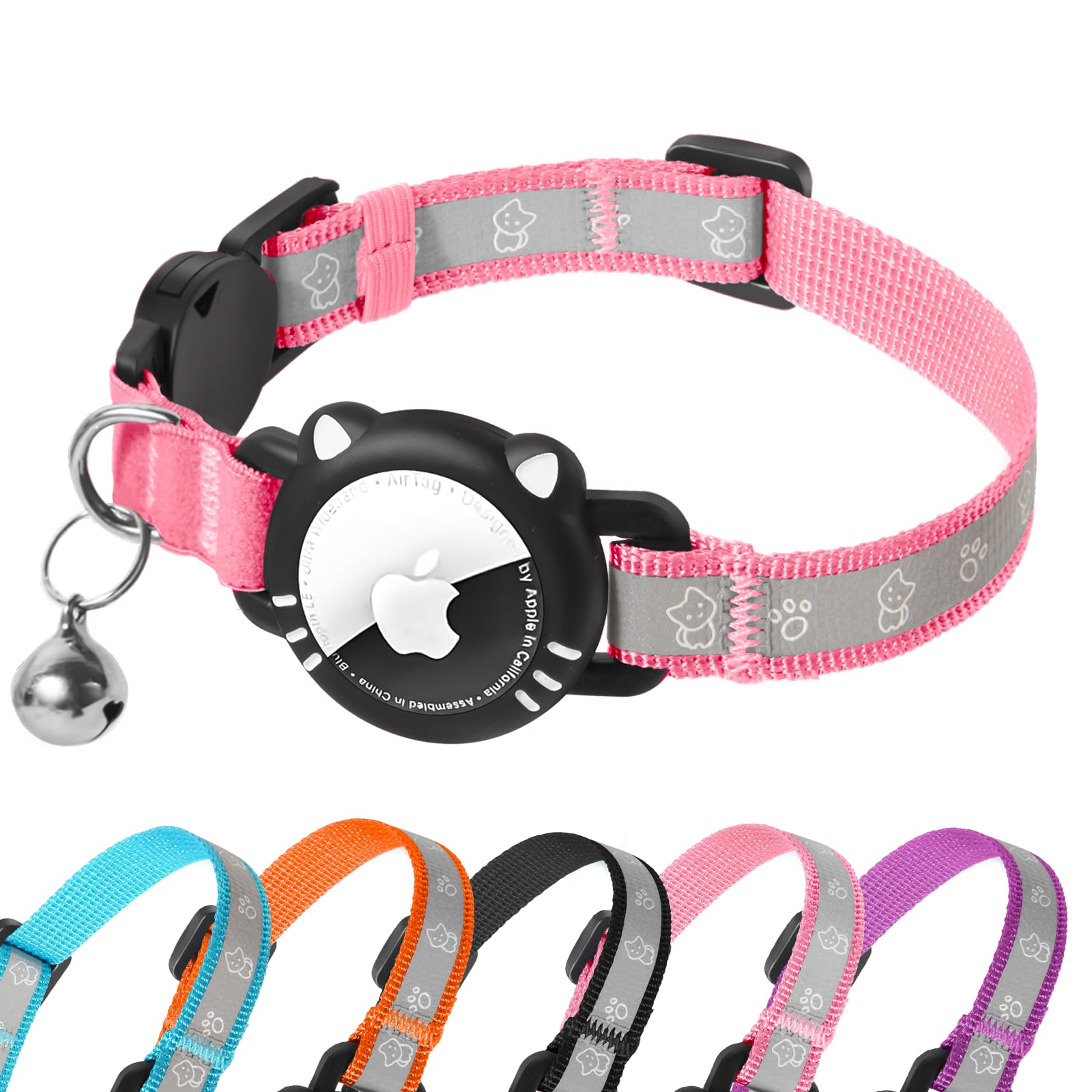 AgoumLux Airtag Cat Collar Reflective Cat Collar with Apple Air Tag Holder Breakaway GPS Tracker Pet Collar with Bell for Cat Kitten Pink S(9-11 Inch) A minha loja